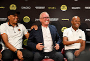 Ex-Bafana Bafana stars Doctor Khumalo, left, and Jabu Mahlangu flank former Bafana coach Gordon Igesund in Johannesburg on October 10 2019.