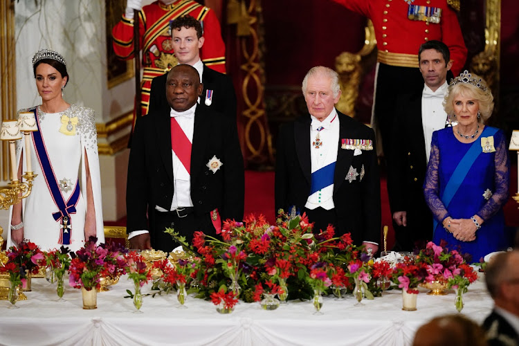 The Princess of Wales, President Cyril Ramaphosa, King Charles III and Queen Consort Camilla during the state banquet held at Buckingham Palace in London during the state visit to the UK by the South African leader.