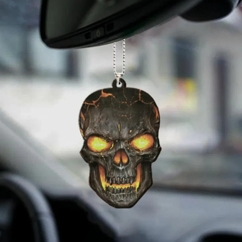 Halloween Skull Car Pendant Acrylic Flat Ornament, easily hang and decorate your car with this spooky and festive vehicl