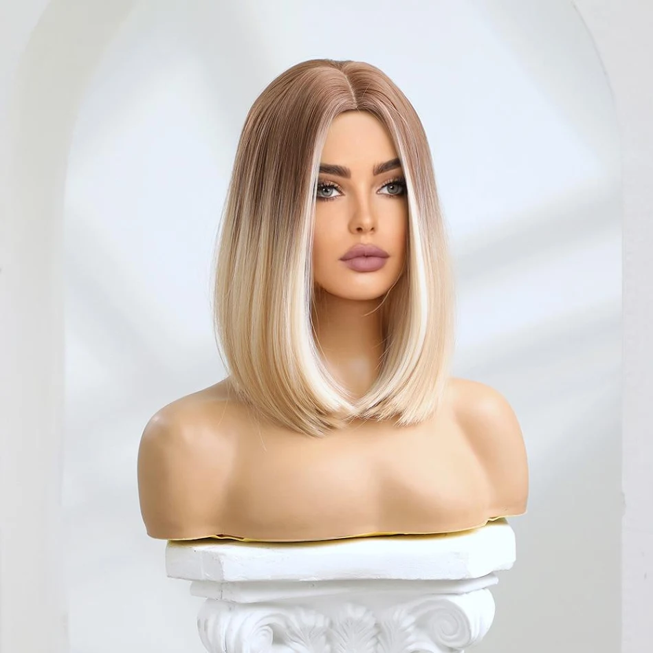 Parrucca con riga centrale, Ombre Platino e Highlights Misti per un look alla moda e voluminoso. Facile da applicare, stile impeccabile