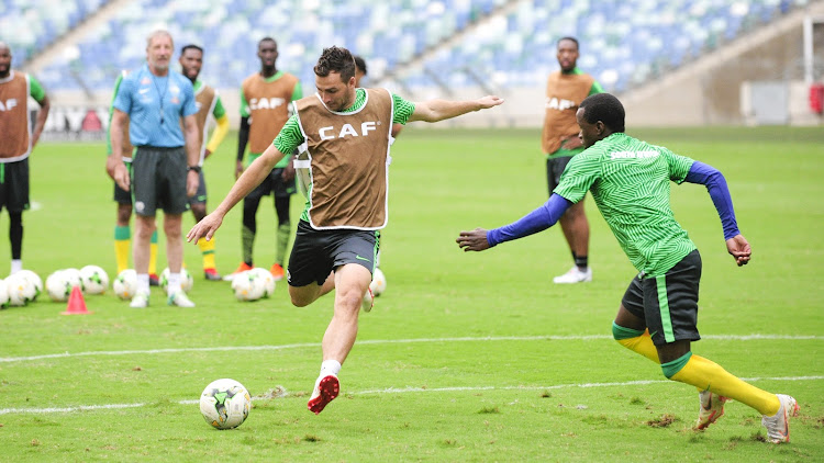 Bafana Bafana striker Bradley Grobler lining up a shot at goal during the South Africa training session at Moses Mabhida Stadium in Durban on September 6 2018.