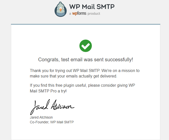 Le message de félicitations pour l'e-mail de test de WP Mail SMTP
