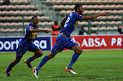 Taariq Fielies of Cape Town City (r) celebrates goal with teammate Craig Martin of Cape Town City (l) during the Absa Premiership 2017/18 football match between Cape Town City FC and Free State Stars at Athlone Stadium, Cape Town on 1 November 2017.  