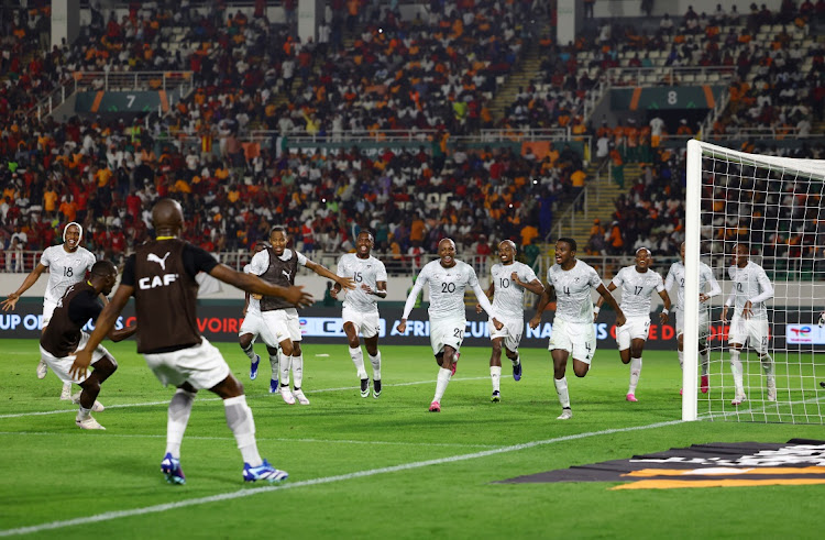 Bafana Bafana's Teboho Mokoena celebrates scoring their second goal with teammates