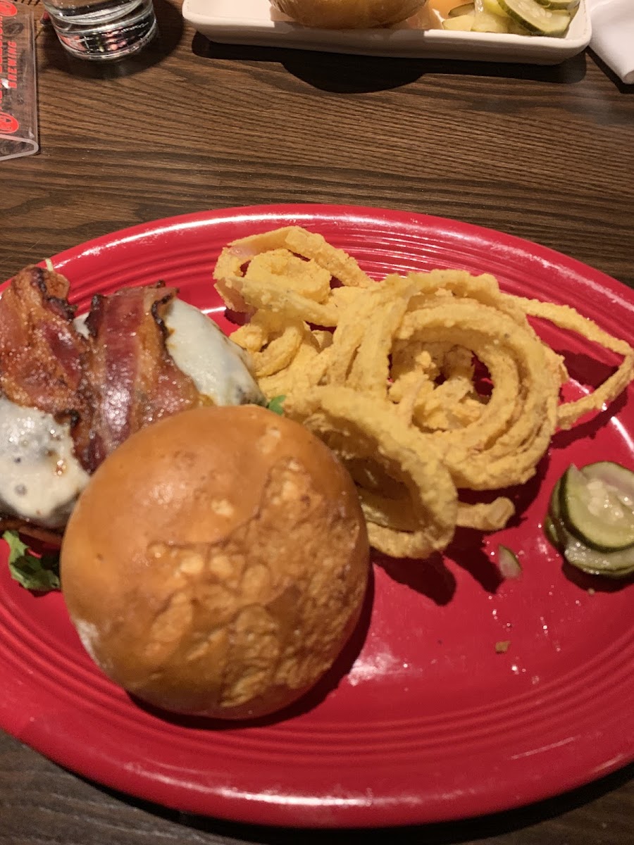 Sweet and Smokey chicken sandwich with onion strings