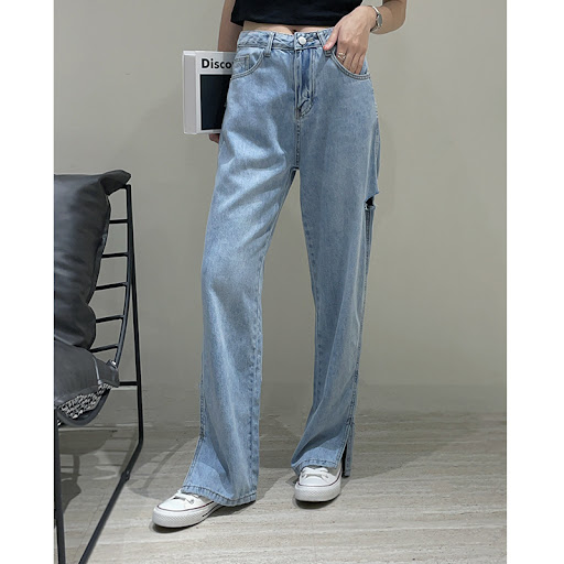 Title 6, Light blue beggar ripped wide-leg jeans for a c...