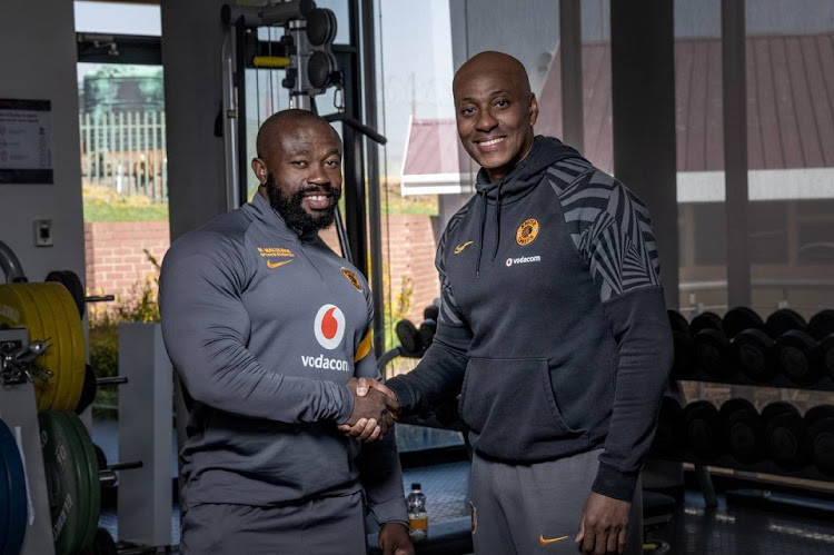 Kaizer Chiefs' new sports scientist and strength and conditioning coach Muzi Maluleke is welcomed by sporting director Kaizer Motaung Jr.