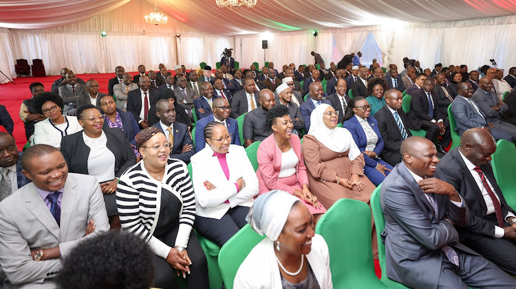 Kenya Kwanza Leaders listening as President William Ruto speaks during a Parliamentary group meeting at State House, Nairobi on November 7, 2023