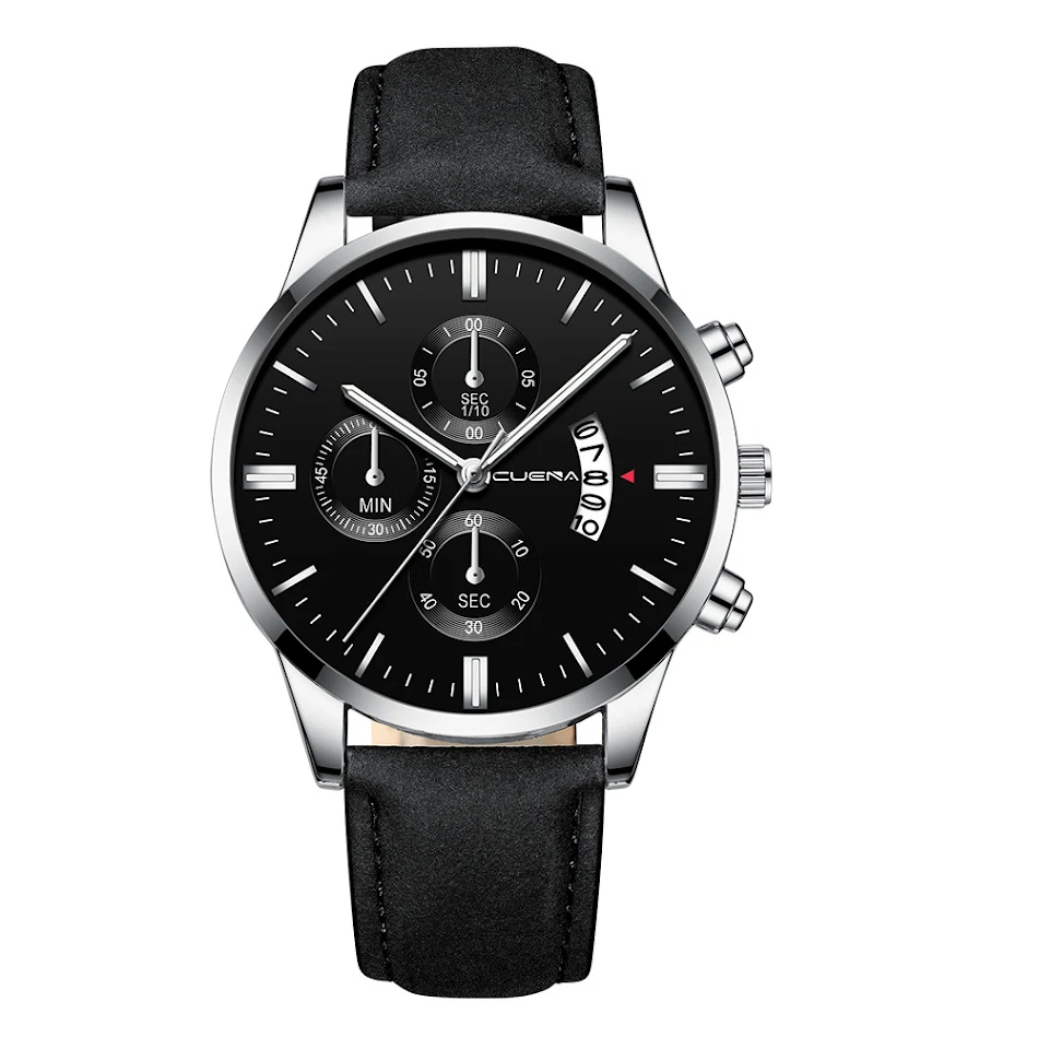 Heren business horloge met drie ogen, zes-punts schaal en kalender voor een professionele en stijlvolle uitstraling.