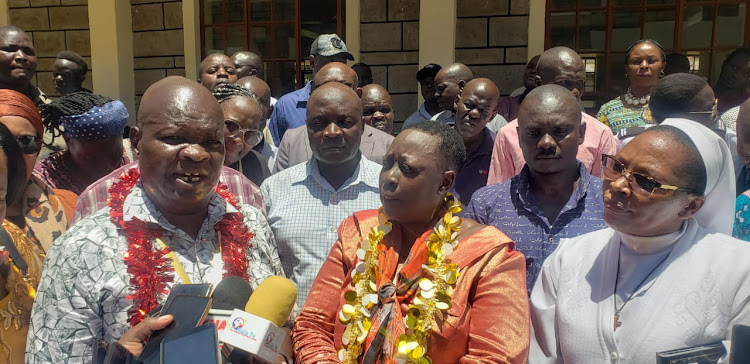 Kisumu Central MP Joshua Oron and Kisumu Woman Representative Ruth Odinga during the opening of the Sh14 million dormitory at St Theresa's Girls Secondary School on Thursday.