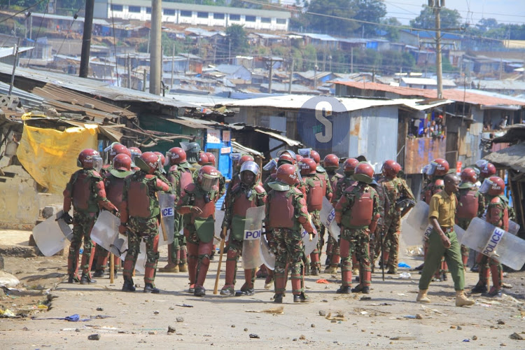 Police officers ahead of Azimio protests on March 27, 2023.