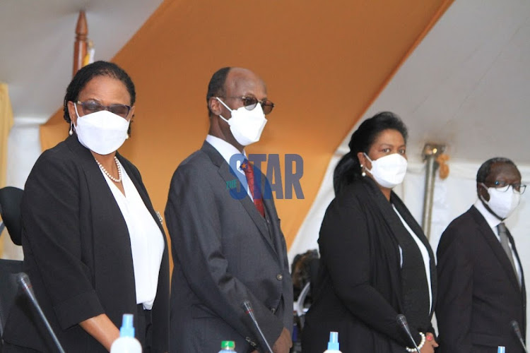 Chief Justice Martha Koome with Supreme Court judges Mohamed Ibrahim, Njoki Ndung'u and William Ouko when the court issued directions on the BBI appeals on November 9, 2021.