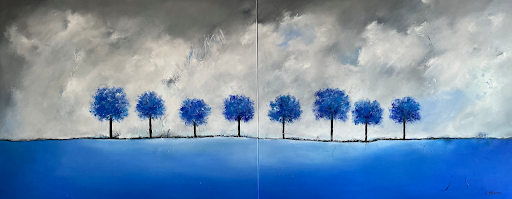 Oasis, pins parasol bleus, grand format, commande de tableaux, Lydie Allaire artiste peintre à Nantes, paysage bleu, huile sur toile, commander un grand tableau de Lydie Allaire, arbres, Nature, environnement, peinture de l'artiste Lydie Allaire, artiste nantaise, artiste bretonne, femme artiste peintre, paysage bleu, Nantes, Nantes passion, wik Nantes, Nantes métropole, expositions en Pays de Loire, France