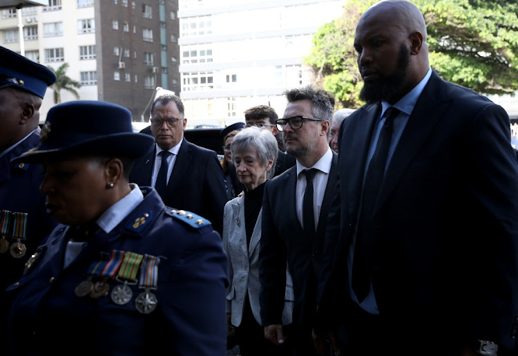 SA Football Association CEO Danny Jordaan, Yvonne Barker, John Barker and MEC Siboniso Duma at the funeral of the late former Bafana Bafana coach Clive Barker at the Olive Convention Centre in Durban on Thursday, June 15 2023.