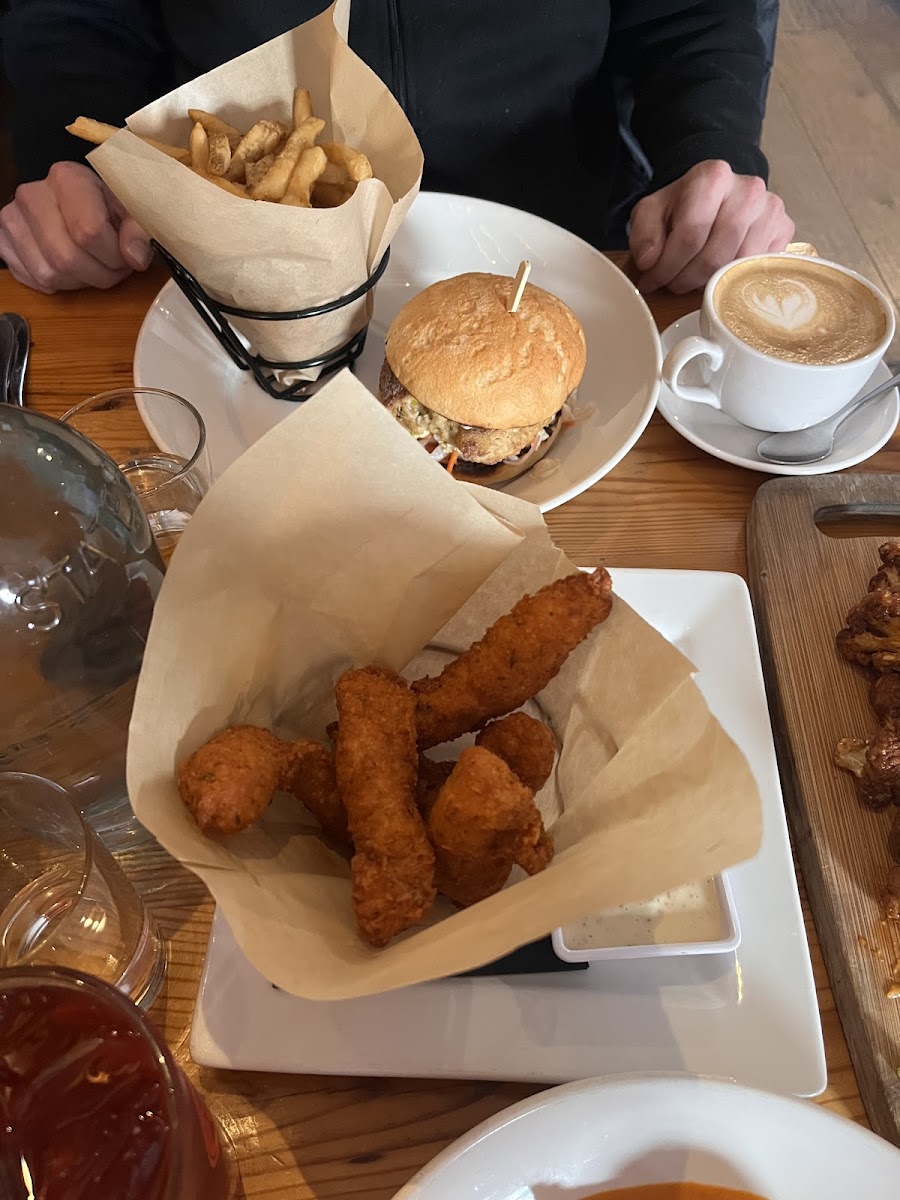 Chicken tenders, crabcake sandwich, vanilla latte