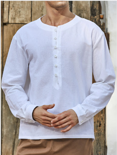Title 6, Solid color cotton and linen round neck button ...