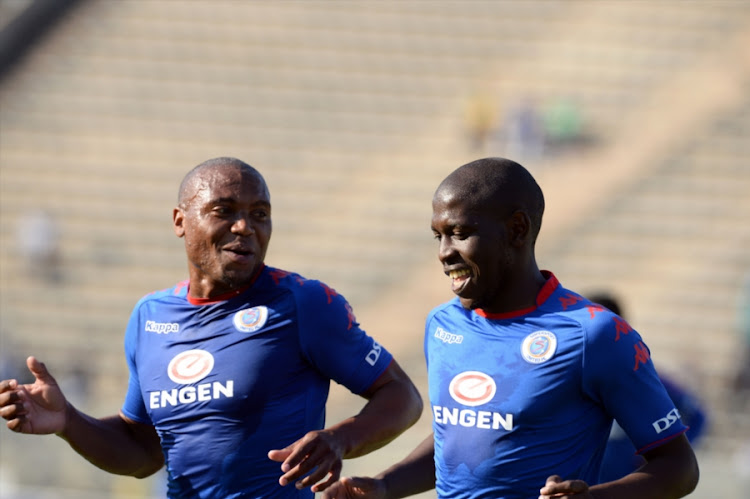 Thuso Phala and Aubrey Modiba of SuperSport United celebrates Aubrey Modiba's goal during the Absa Premiership match between SuperSport United and Baroka FC at Lucas Moripe Stadium on May 12, 2018 in Pretoria, South Africa.