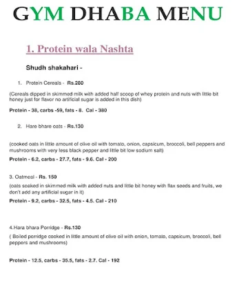 Gym Dhaba menu 