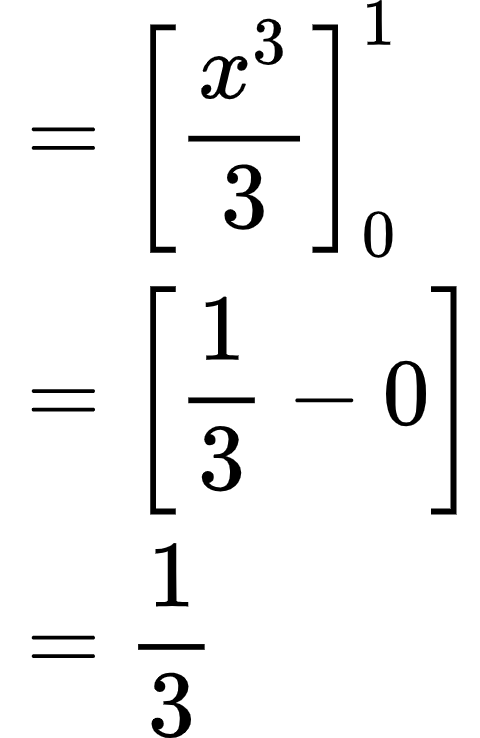 {"font":{"family":"Arial","color":"#000000","size":10},"id":"11-1-0-1-0","type":"align*","code":"\\begin{align*}\n{}&={\\left[\\frac{x^{3}}{3}\\right]_{0}^{1}}\\\\\n{}&={\\left[\\frac{1}{3}-0\\right]}\\\\\n{}&={\\frac{1}{3}}\t\n\\end{align*}","ts":1603450030551,"cs":"pnxBQ1NFxXuYcg+sAdaCbg==","size":{"width":80,"height":122}}