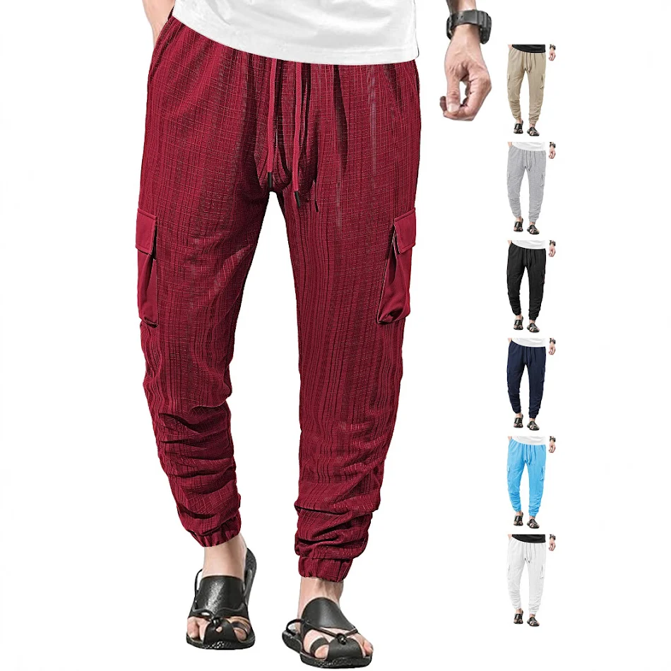 Pantalon décontracté homme en imitation lin à carreaux, lacets, respirant, micro-élastique, ample et confortable.