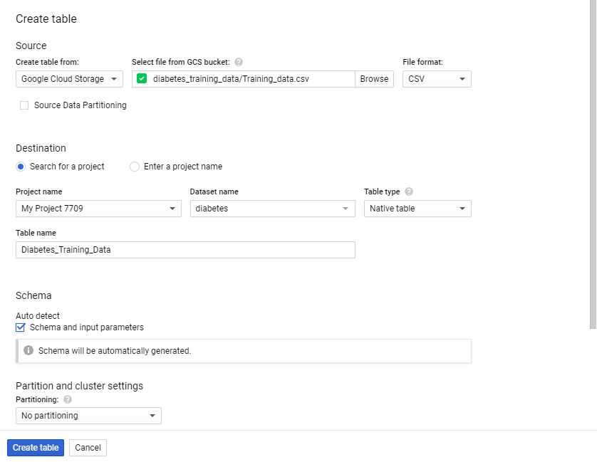 Partition and Clustering settings 