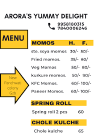 Arora's yummy delight menu 1