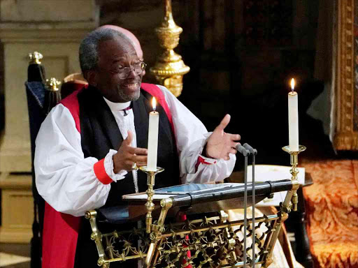 The Most Rev Bishop Michael Curry, primate of the Episcopal Church, gives an address during the wedding of Prince Harry and Meghan Markle in St George's Chapel at Windsor Castle in Windsor, Britain, May 19, 2018. /REUTERS