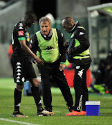 Veselin Jelusic, head coach of Bloemfontein Celtic chat to Ndumiso Mabena of Bloemfontein Celtic while he receives treatment during the Absa Premiership 2017/18 game between Ajax Cape Town and Bloemfontein Celtic at Athlone Stadium, Cape Town on 21 October 2017.