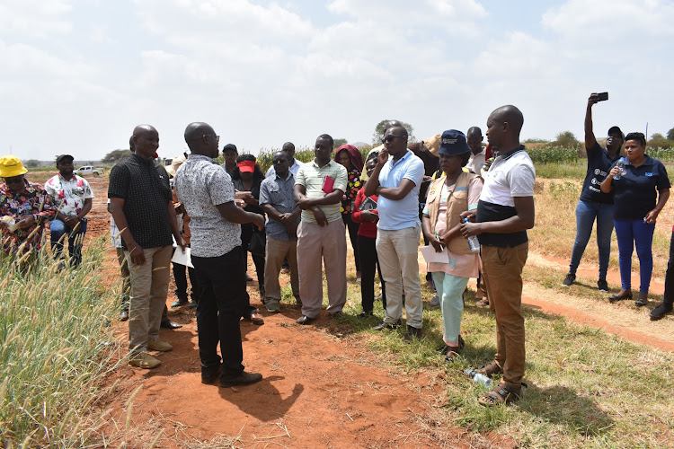 Dennis Kubasu of Kalro in Kiboko addresses a section of agriculture and livestock extension officers from Makueni, Kajiado and Tana River counties on February 9, 2023, in Kiboko.