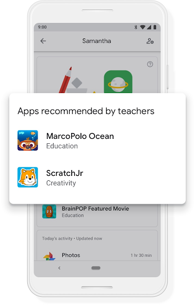 Téléphone Google sur lequel sont affichées deux applications recommandées par des enseignants : MarcoPolo Ocean et Scratch Jr