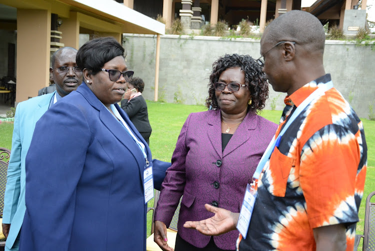 Kenya Veterinary Association women chapter chairperson Marylin Karani, Lorna Odero from the department of Veterinary, and Africa Veterinary and Technicians Association President Benson Ameda during a retreat in Naivasha on Thursday.