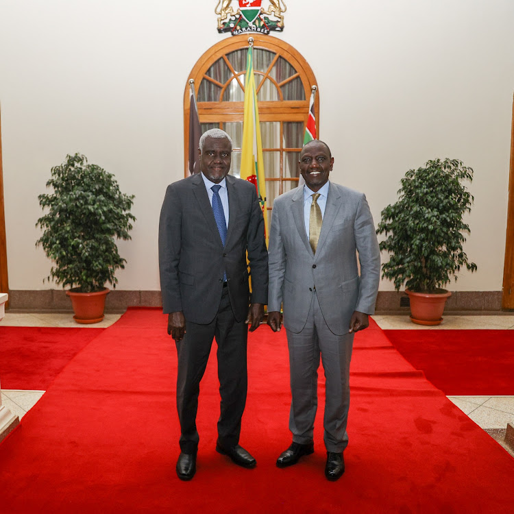 Chairperson of the African Union Moussa Faki with President William Ruto at the State House, Nairobi on June 29,2023.