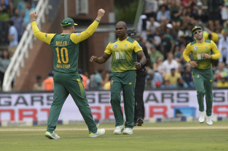 Junior Dala of the Proteas takes the catch for the wicket of Ajinkya Rahane of India during the 1st KFC T20 International match between South Africa and India at Bidvest Wanderers Stadium on February 18, 2018 in Johannesburg, South Africa.