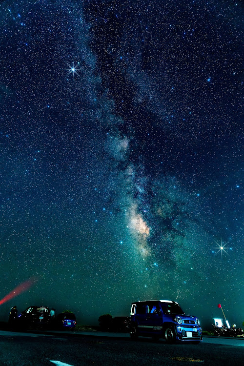 ハスラーの星空と愛車・天の川・天の川と愛車・星空・天の川コラボに関するカスタム事例の投稿画像1枚目