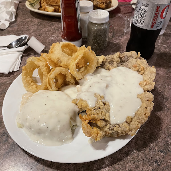 GF chicken fried steak and onion rings