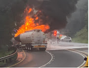 A tanker caught alight following a collision with another truck on Van Reenen's Pass on Wednesday.