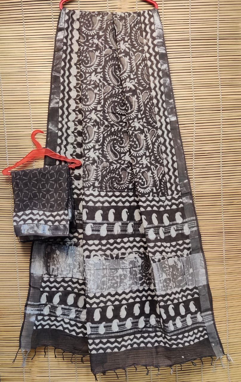 Hand block printend soft linen fabric 'cotton slub' sarees