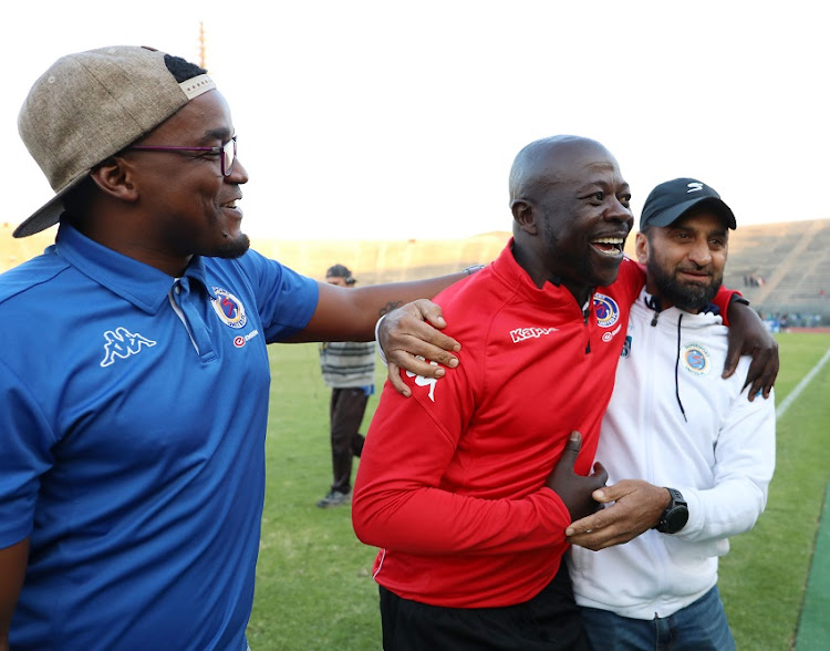 Kaitano Tembo, coach of Supersport United celebrates with Thabo September during the Absa Premiership 2017/18 match between Supersport United and Baroka FC at Lucas Moripe Stadium, Atteridgeville on 12 May 2018.