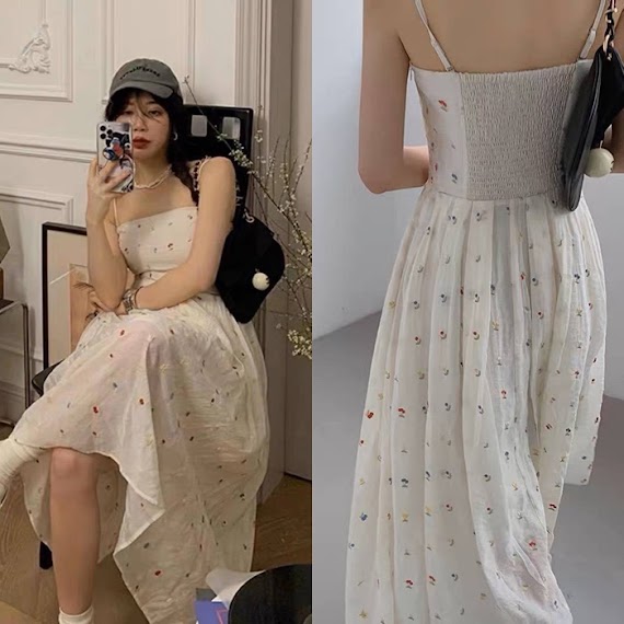 Đầm Hai Dây Suông Dài Cổ U Hoa Floral Lưng Thun Midi Maxi Đi Biển Dạo Phố Dự Tiệc