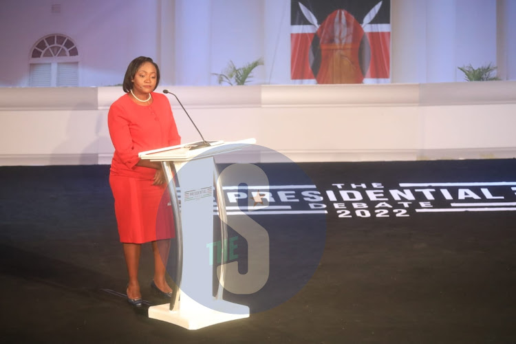 Roots Party presidential running mate Justina Wamae during the presidential debate at CUEA on July 19, 2022.