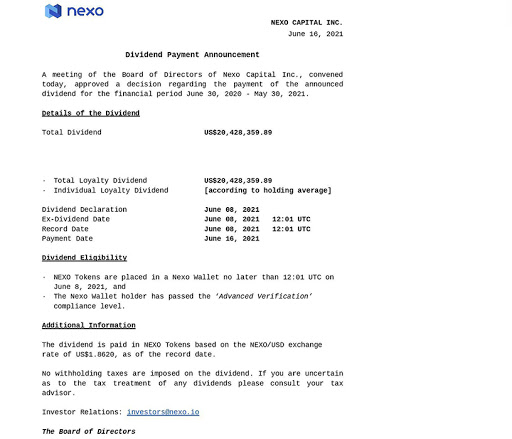 Official Dividend Announcement - Nexo Board of Directors