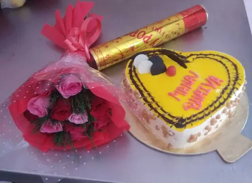 Butterscotch Heart Shape Cake And 1 Party Popar 10 Mixed Rose Bunch