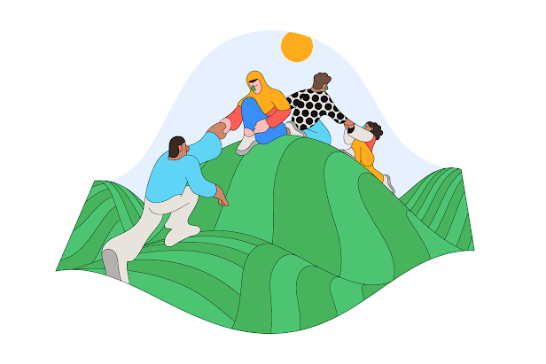 An illustration of a group of people sitting on top of a hilly road helping each other up