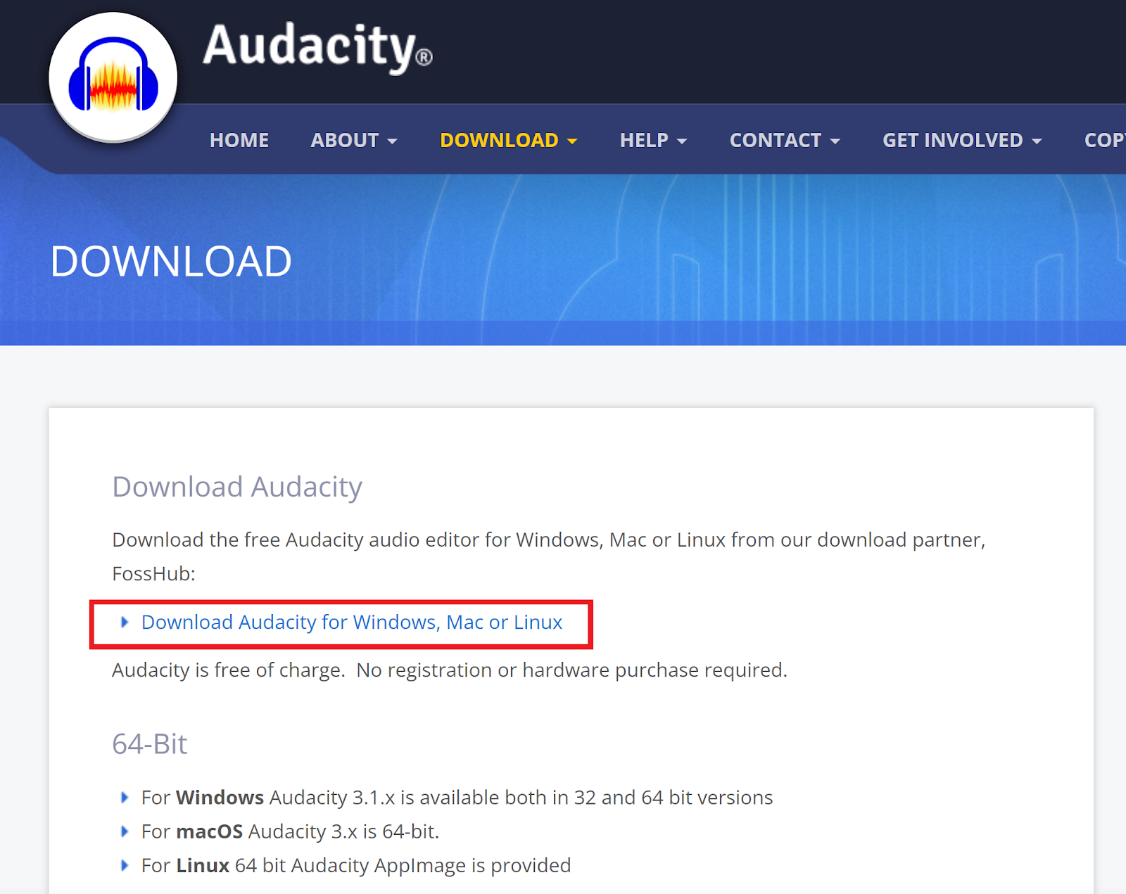 The download page of Audacity.