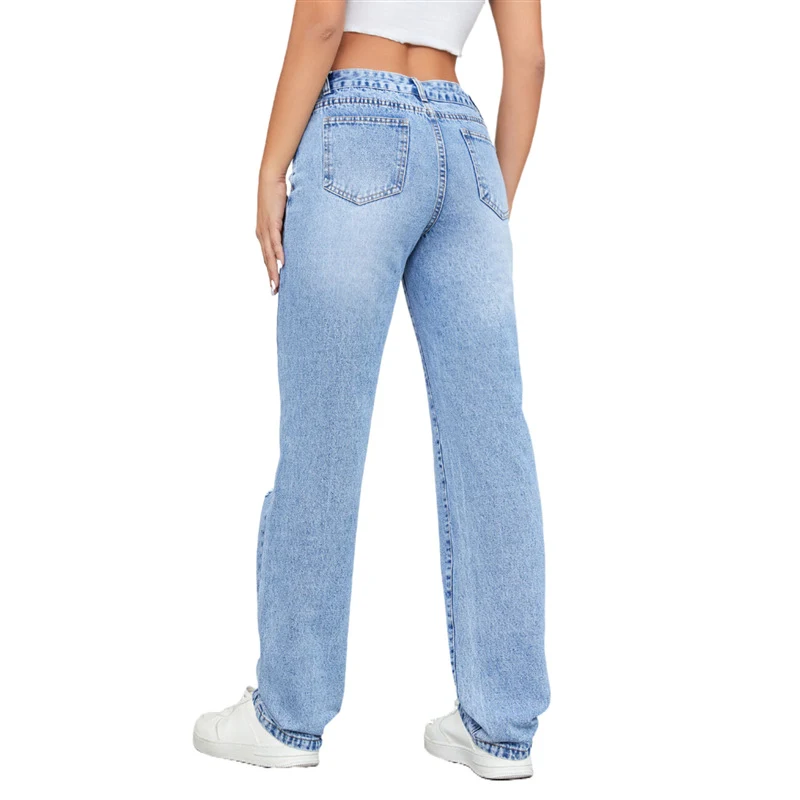 Jean déchiré ample taille haute pour femmes, idéal pour un look décontracté et confortable, parfait pour vos sorties quotidiennes avec style.