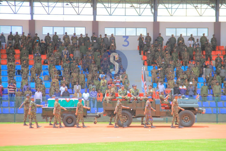 Final salute for the fallen CDF General Francis Ogolla by soldiers at Ulinzi Sports Complex, Lang'ata, on April 20, 2024