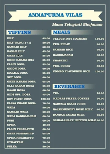 Annapurna Vilaas menu 