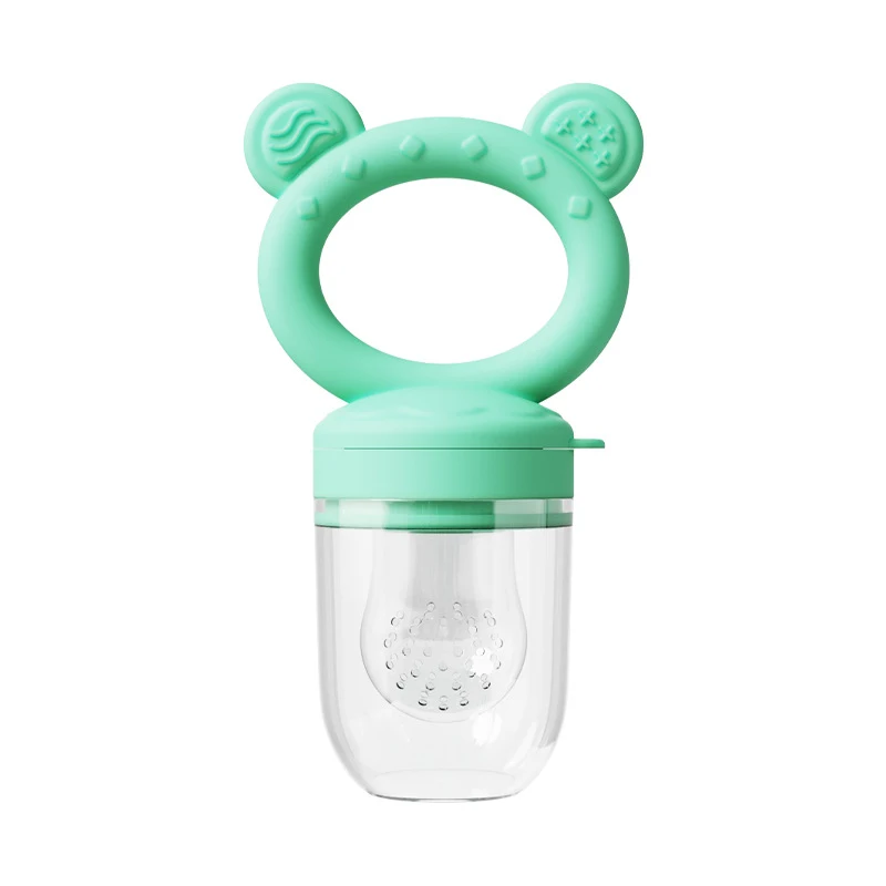 Baby Food Feeder with Silicone Fruit Teether. Solid food introduction tool, soothing for gums, encourages self-feeding, 