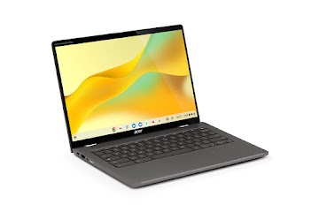 A left side view of an open Acer Chromebook Spin 714 displaying the home screen.