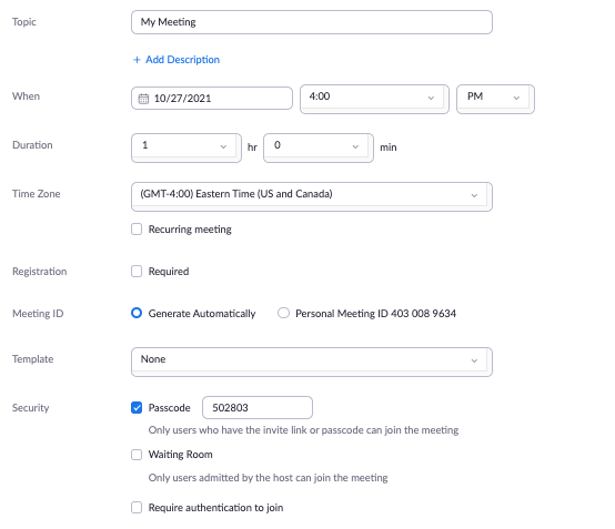 Image of Zoom meeting creation form